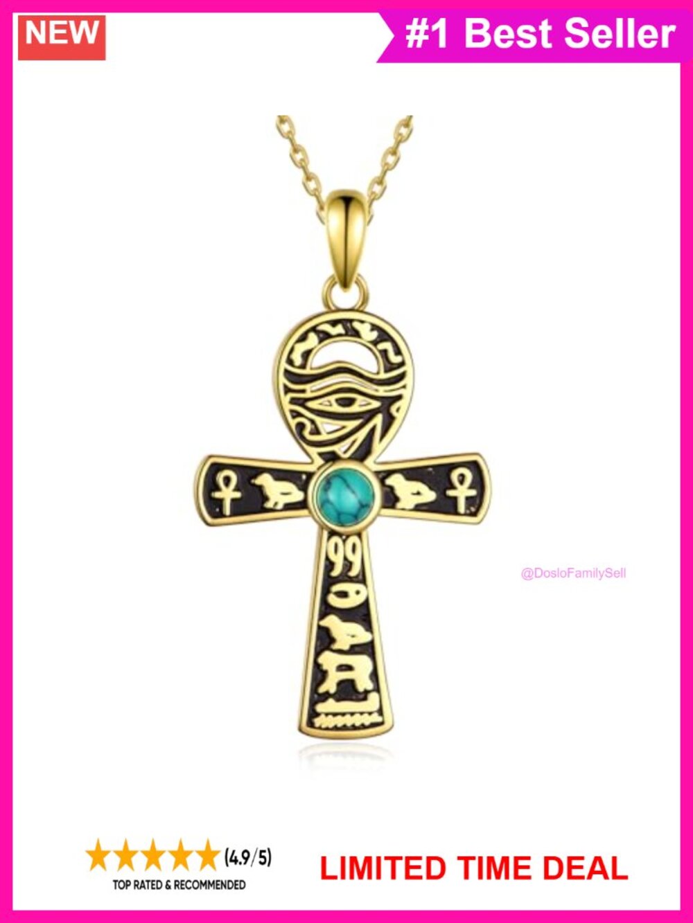 925 Sterling Silver 14k Gold Plated Ankh Pendant Necklace Eye of Horus